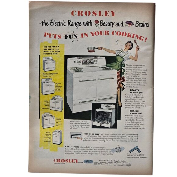 Crosley Vintage 1950 Electric Range Magazine Print Ad Oven Stove Kitchen - Picture 1 of 7